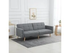 Canapé Convertible 2 Places Design Scandinave Dossier Inclinable 3 Positions Piètement Bois Tissu Aspect Lin Gris