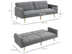 Canapé Convertible 2 Places Design Scandinave Dossier Inclinable 3 Positions Piètement Bois Tissu Aspect Lin Gris -Accueil-Canapé canape 10678789