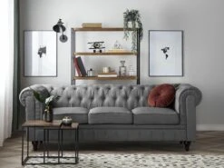 Canapé 3 Places En Tissu Gris Clair CHESTERFIELD BIG