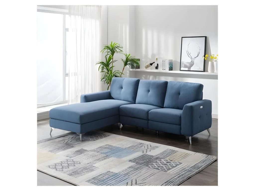 Canape Dangle Gauche Avec 1 Place Relax Electrique + Coffre - Tissu Bleu - L 260 X P 51 X H 90 Cm - FRANKLIN 4 Canape Dangle Gauche Avec 1 Place Relax Electrique + Coffre - Tissu Bleu - L 260 X P 51 X H 90 Cm - FRANKLIN – Image 2