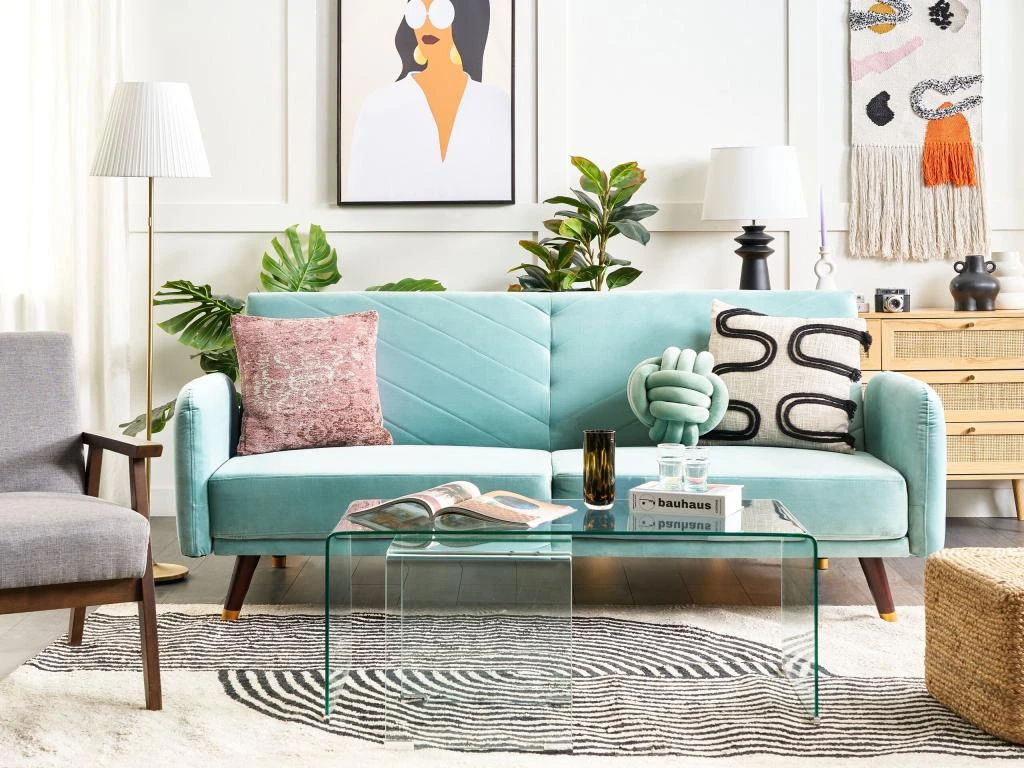 Canapé Convertible 3 Places En Velours Bleu Clair SENJA 3 Canapé Convertible 3 Places En Velours Bleu Clair SENJA