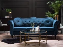 Canapé Chesterfield 3 Places En Velours Bleu SKIEN