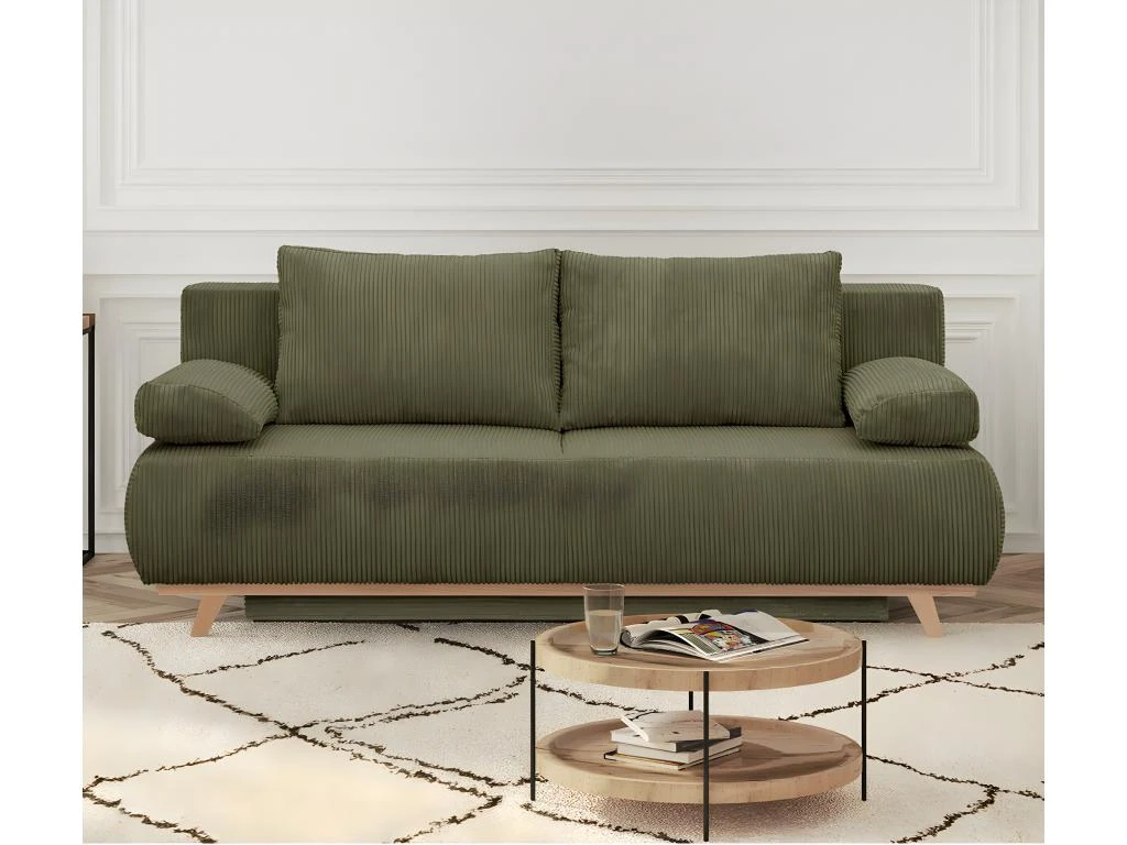Canapé Convertible 3 Places Avec Coffre De Rangement En Velours Côtelé Vert Kaki - Laria 4 Canapé Convertible 3 Places Avec Coffre De Rangement En Velours Côtelé Vert Kaki - Laria – Image 2