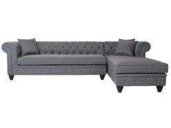 Canapé D'angle Capitonné Style Chesterfield Roosevelt Tissu Gris Foncé