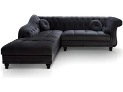 Canapé D'angle Brittish Velours Noir Style Chesterfield