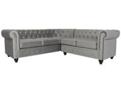 Canapé D'angle Capitonné Style Chesterfield Gustave Velours Argent