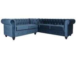 Canapé D'angle Capitonné Style Chesterfield Gustave Velours Bleu