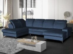 Canapé D'angle Panoramique Gauche Convertible En Velours Bleu Nuit SANTANA -Accueil-Canapé canape 14022291