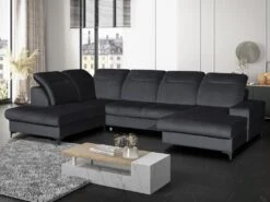 Canapé D'angle Panoramique Gauche Convertible En Velours Bleu Nuit SANTANA -Accueil-Canapé canape 14022847