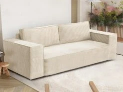 Canapé 4 Places Convertible Express En Velours Côtelé Beige AMELIA -Couchage 160 Cm - Matelas 14 Cm Avec Mémoire De Forme DUNLOPILLO -Accueil-Canapé canape 14290261