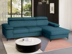 Canapé D'angle Droit Convertible En Velours Bleu Canard Avec Têtières ELIKIA -Accueil-Canapé canape 14461083