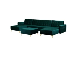 Canapé Panoramique Convertible En Velours Bleu Paon 5 Places Avec Pouf ABERDEEN -Accueil-Canapé canape 17911725