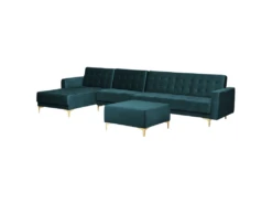 Canapé Angle Droit Convertible En Velours Bleu Paon 5 Places Avec Pouf ABERDEEN -Accueil-Canapé canape 17985963