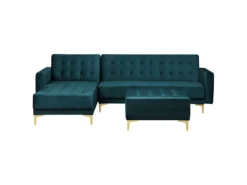 Canapé Angle Droit Convertible En Velours Bleu Paon 4 Places Avec Pouf ABERDEEN