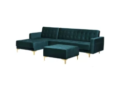 Canapé Angle Droit Convertible En Velours Bleu Paon 4 Places Avec Pouf ABERDEEN -Accueil-Canapé canape 17985997