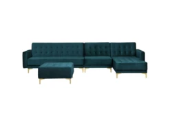 Canapé Angle Gauche Convertible En Velours Bleu Paon 5 Places Avec Pouf ABERDEEN