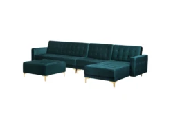 Canapé Angle Gauche Convertible En Velours Bleu Paon 5 Places Avec Pouf ABERDEEN -Accueil-Canapé canape 17986045
