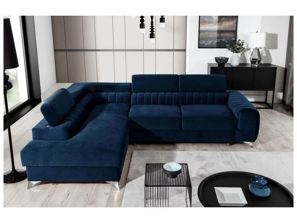 Canapé D'angle Convertible - LARRY VELOURS - En Tissu Luxe Bleu, 5 Places, Angle Gauche (vu De Face) 3 Canapé D'angle Convertible - LARRY VELOURS - En Tissu Luxe Bleu, 5 Places, Angle Gauche (vu De Face)
