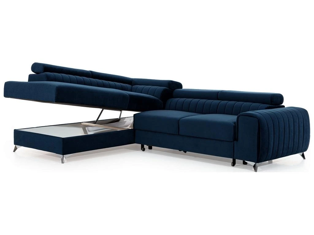 Canapé D'angle Convertible - LARRY VELOURS - En Tissu Luxe Bleu, 5 Places, Angle Gauche (vu De Face) 6 Canapé D'angle Convertible - LARRY VELOURS - En Tissu Luxe Bleu, 5 Places, Angle Gauche (vu De Face) – Image 4