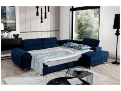 Canapé D'angle Convertible - LARRY VELOURS - En Tissu Luxe Bleu, 5 Places, Angle Droit (vu De Face) -Accueil-Canapé canape 18143577