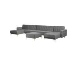 Canapé Panoramique Convertible En Velours Gris 6 Places Avec Pouf ABERDEEN -Accueil-Canapé canape 18280417