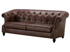 Canapé 3 Places Chesterfield AQUITAINE En Microfibre Aspect Cuir Vieilli - Marron