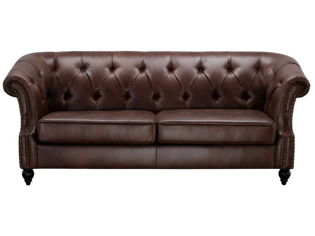 Canapé 3 Places Chesterfield AQUITAINE En Microfibre Aspect Cuir Vieilli - Marron 3 Canapé 3 Places Chesterfield AQUITAINE En Microfibre Aspect Cuir Vieilli - Marron – Image 2