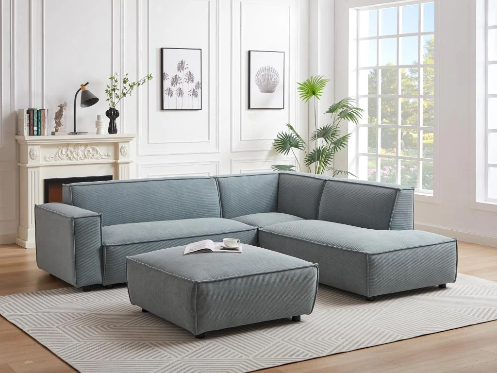 Canapé D'angle Droit Et Pouf En Velours Côtelé Bleu Clair BORORE 3 Canapé D'angle Droit Et Pouf En Velours Côtelé Bleu Clair BORORE