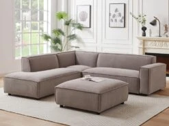 Canapé D'angle Gauche Et Pouf En Velours Côtelé Taupe BORORE -Accueil-Canapé canape 19738871