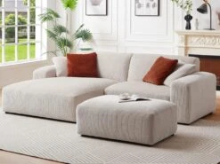 Canapé D'angle Gauche Et Pouf En Velours Côtelé Beige TIRONO -Accueil-Canapé canape 19916851