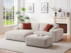 Canapé D'angle Gauche Et Pouf En Velours Côtelé Beige TIRONO