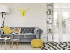 Grand Canapé 3 Places Chesterfield Velours Argent -Accueil-Canapé canape 19940461