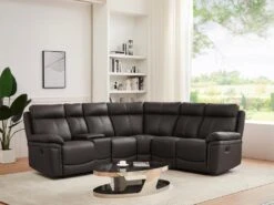 Grand Canapé D'angle Relax En Cuir Marron DEVERA