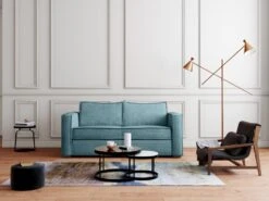 Canapé 3 Places Convertible Express En Velours Côtelé Bleu Clair - Couchage 140 Cm - Matelas 18 Cm LORETO