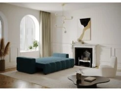 Canapé 4 Places Convertible Coffre Noyer Velours Bleu Paon -Accueil-Canapé canape 21219283