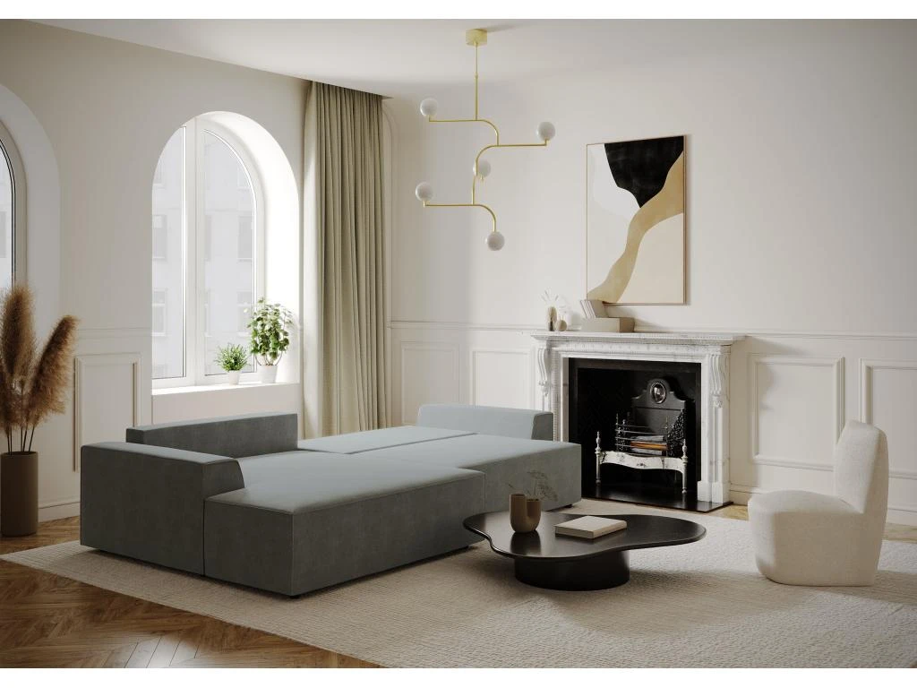 Canapé Angle Gauche Convertible Coffre Velours Gris 300x174cm 5 Canapé Angle Gauche Convertible Coffre Velours Gris 300x174cm – Image 3