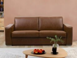 Canapé 3 Places Convertible Express 100% Cuir De Buffle Vintage Caramel Matelas 14cm DELECTEA II -Accueil-Canapé canape 21388021