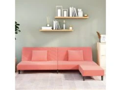 Canapé-lit 2 Places 2 Oreillers Et Repose-pied Rose Velours