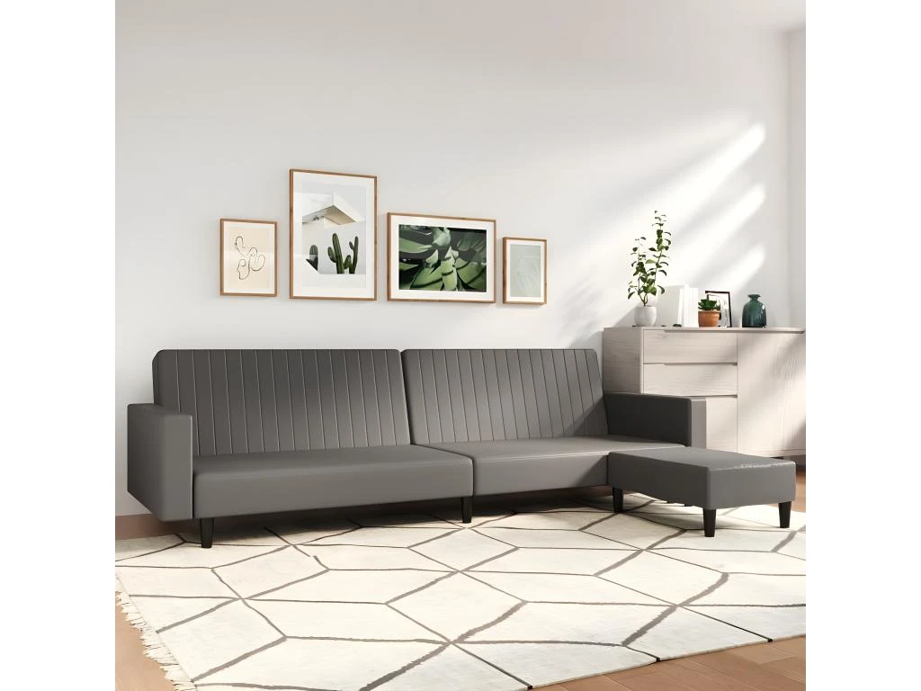 Canapé-lit à 2 Places Avec Repose-pied Gris Similicuir 3 Canapé-lit à 2 Places Avec Repose-pied Gris Similicuir