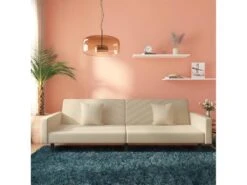 Canapé-lit à 2 Places Avec Deux Oreillers Crème Velours