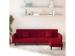 Canapé-lit 2 Places 2 Oreillers Et Repose-pied Bordeaux Velours