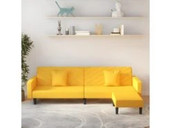 Canapé-lit 2 Places 2 Oreillers Et Repose-pied Jaune Velours