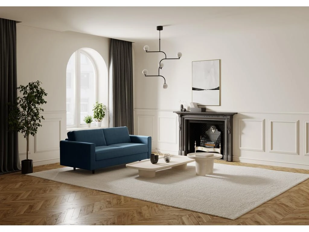 Canapé Convertible Matelas Tissu Tramé Bleu Gris 160cm 4 Canapé Convertible Matelas Tissu Tramé Bleu Gris 160cm – Image 2