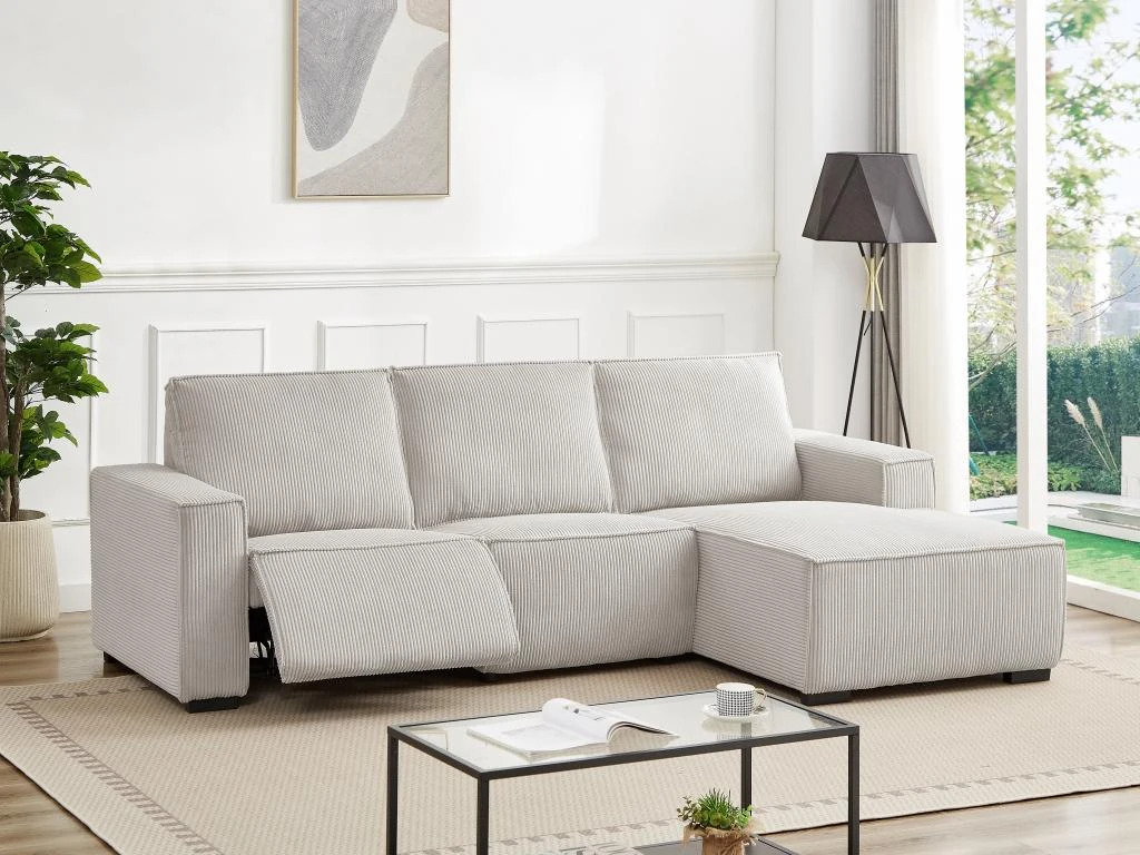 Canapé D'angle Droit Relax électrique En Velours Cotelé Gris Clair AMELIO 6 Canapé D'angle Droit Relax électrique En Velours Cotelé Gris Clair AMELIO – Image 4