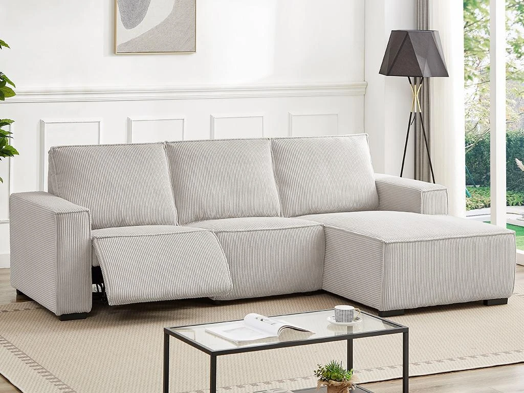 Canapé D'angle Droit Relax électrique En Velours Cotelé Gris Clair AMELIO 12 Canapé D'angle Droit Relax électrique En Velours Cotelé Gris Clair AMELIO – Image 10