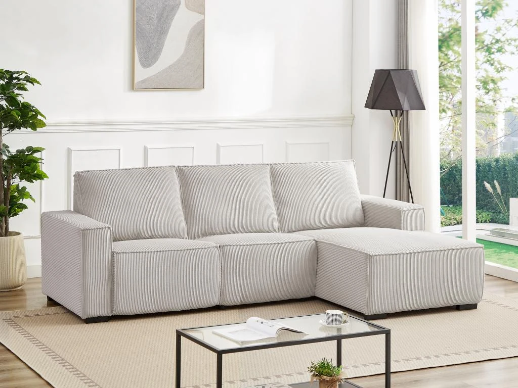 Canapé D'angle Droit Relax électrique En Velours Cotelé Gris Clair AMELIO 3 Canapé D'angle Droit Relax électrique En Velours Cotelé Gris Clair AMELIO