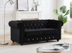 Canapé 2 Places En Velours Noir Et Boutons Effet Cristal CHESTERFIELD