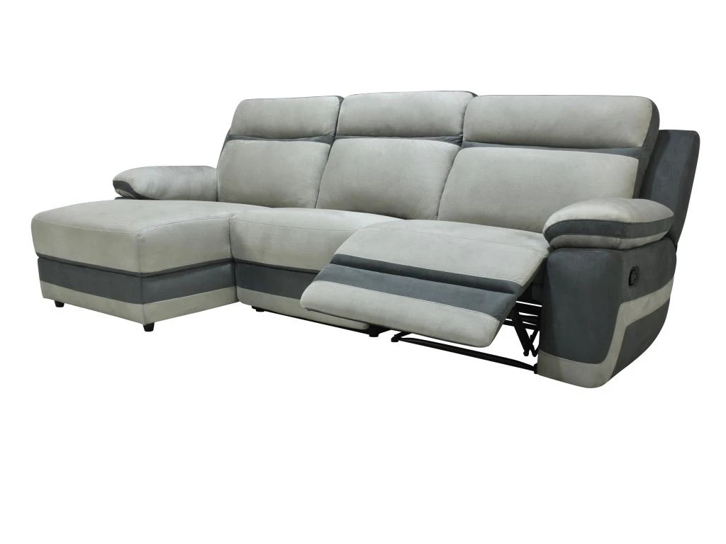 Canapé D'angle Gauche Relax En Microfibre Gris Clair Et Bandes Anthracites TALCA 6 Canapé D'angle Gauche Relax En Microfibre Gris Clair Et Bandes Anthracites TALCA – Image 4