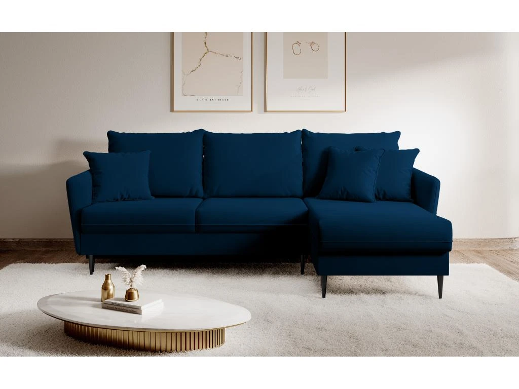 Canapé D'angle - 223 Cm - Avec Fonction Couchage - Velours Hydrophobe - Bleu Marin - Pieds Noirs - VOLIO 3 Canapé D'angle - 223 Cm - Avec Fonction Couchage - Velours Hydrophobe - Bleu Marin - Pieds Noirs - VOLIO