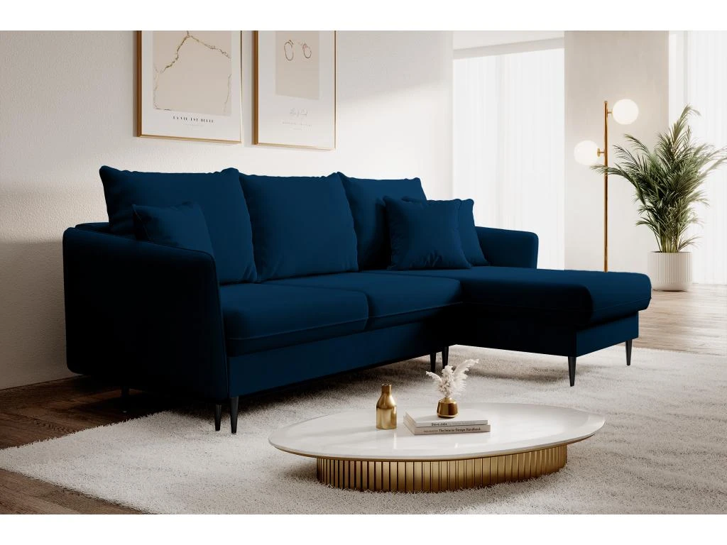 Canapé D'angle - 223 Cm - Avec Fonction Couchage - Velours Hydrophobe - Bleu Marin - Pieds Noirs - VOLIO 4 Canapé D'angle - 223 Cm - Avec Fonction Couchage - Velours Hydrophobe - Bleu Marin - Pieds Noirs - VOLIO – Image 2